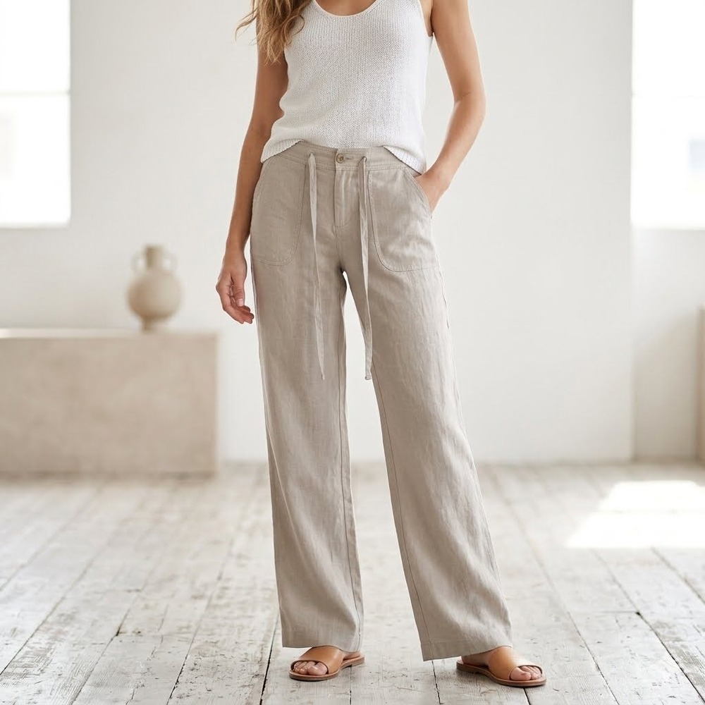 Juicy Couture Tan 100% Linen Drawstring Straight Leg Pants Womens Petite P Beige